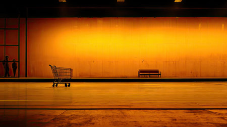 A shopping cart sits in a long, brightly lit corridor, alongside a bench. The scene is dominated by warm orange and yellow hues, with strong overhead lighting casting shadows. This composition could be used for conceptual or commercial projects, providing visual interest with a sense of depth and symmetry.の素材