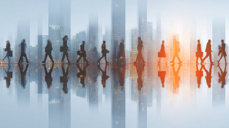 This image features silhouetted figures walking, set against a blurred background suggesting a modern city. The color palette includes cool blues and grays, accented by warm orange tones. The composition uses a low angle with reflected elements. Suitable for illustrating concepts related to business, urban life, and the idea of moving forward.の素材