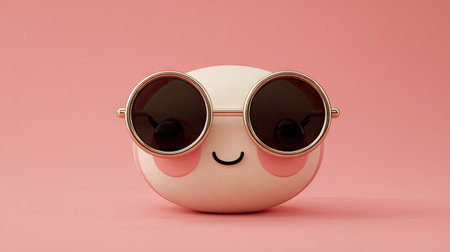 This image presents a cheerful emoji character with sunglasses. The character has a light-colored face with rosy cheeks, wearing round sunglasses. The style is clean and modern, set against a solid pink backdrop. This image could be suitable for various uses, including social media or general design projects.の素材