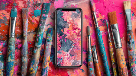 A smartphone rests amidst a collection of paintbrushes set against a vibrant, multi-colored backdrop. The image showcases a close-up composition, highlighting the textures and hues of the art tools. The scene suggests a creative environment, suitable for various editorial and commercial applications.の素材