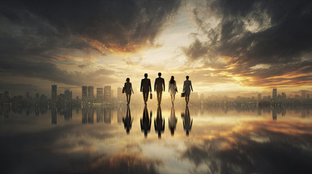 A group of professionals walks away from the viewer towards a city skyline beneath a dramatic, clouded sky. The composition features a symmetrical reflection in the water. The image employs silhouettes and a warm color palette, conveying a sense of aspiration. Potential uses include marketing, editorial, and business-related content.の素材