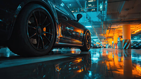A dark, luxury car is parked inside a large, multi-level parking garage. The image showcases the vehicle's glossy black finish, reflecting the interior lights. The composition emphasizes the contrast between dark shadows and bright, artificial illumination, with reflections on the wet floor. Ideal for automotive, design, or urban lifestyle projects.の素材