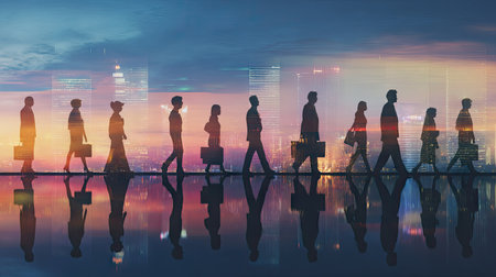 This image presents a row of individuals walking in silhouette, carrying briefcases. The scene is set against a vibrant gradient sky with hues of blue, orange, and yellow. The style suggests a digitally composed photograph with reflection effects, potentially suitable for business, finance, or concept-related publications.の素材