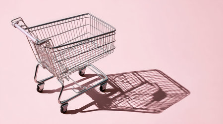 An empty shopping cart casts a defined shadow on a soft pink backdrop. The image features a side view of the cart, with focus on the metallic structure and its shadow. The overall composition suggests a studio setting and conveys concepts of commerce and retail, suitable for various design projects.の素材