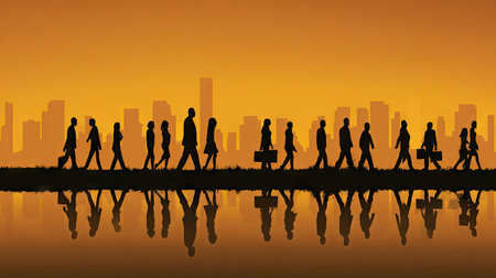 This image features a silhouetted group of people walking toward a distant cityscape, set against a warm, orange sky. The composition emphasizes the figures and the environment with reflections in the foreground. It has a flat design, use of complementary colors, and may be suitable for diverse commercial or editorial applications.の素材