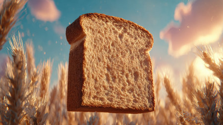 A single slice of toasted bread is the central focus, set against a bright sky. Warm tones dominate the piece, contrasting with the blue sky. The composition emphasizes texture and detail, suggesting a natural and inviting feel. This image could be used for various commercial or editorial purposes.の素材