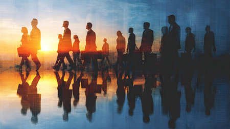 This image depicts silhouetted figures of business people walking, perhaps on their way to work. The composition features a gradient of colors from warm yellow to cool blue. The figures are dark, against a bright, undefined background suggesting potential opportunities. This image could be used for articles, advertisements, or visual storytelling.の素材