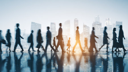 A group of people are silhouetted, walking across a reflective surface against a city skyline. The image displays a shallow depth of field, with soft focus on the individuals. The lighting appears to be bright with a warm tone, suggesting daytime or a bright environment. Suitable for editorial and commercial use.の素材