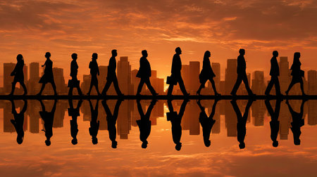 A group of people are silhouetted, walking across the frame against a vibrant sunset sky. The image features a city skyline reflected in water, creating a symmetrical composition with warm orange and dark hues. Suitable for concepts of progress, business, and teamwork, this photograph can be used in various commercial applications.の素材