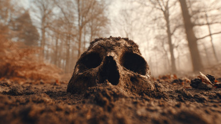An unsettling image portrays a skull partially buried in the ground, set against a backdrop of a blurred forest environment. The composition features earthy tones, with soft lighting adding a touch of mystery. Suitable for various editorial and conceptual projects, this image could be used to illustrate themes of mortality or natural processes.の素材