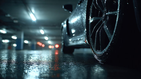 A close-up view presents a modern black car in a dimly lit, wet underground parking structure. The scene is dominated by reflections and pools of water on the floor. Fluorescent lights and car taillights cast a moody ambiance. Suitable for automotive design, marketing materials, and conceptual artwork.の素材
