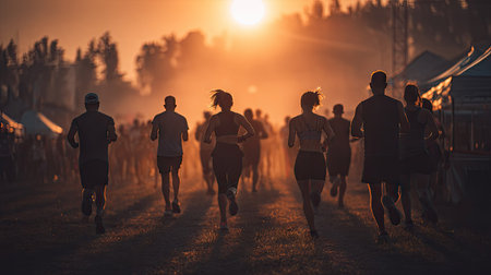 A group of runners is silhouetted against a setting sun, suggesting a race or training session. The composition highlights figures running toward the light, with warm tones and overhead lighting. It could be used for promoting fitness, sports events, or general concepts of determination.の素材