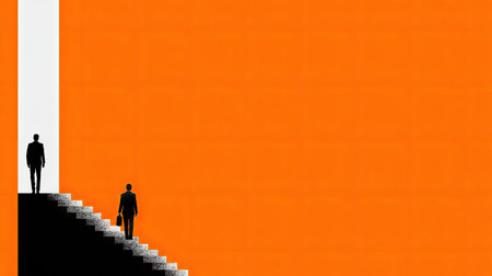 Two silhouetted figures ascend a staircase towards a bright, rectangular opening against an orange backdrop. The composition features stark contrast and simplified forms, emphasizing the figures' journey. The image could be used for conceptual illustrations related to business, success, or achieving goals. Suitable for various commercial and editorial applications.の素材