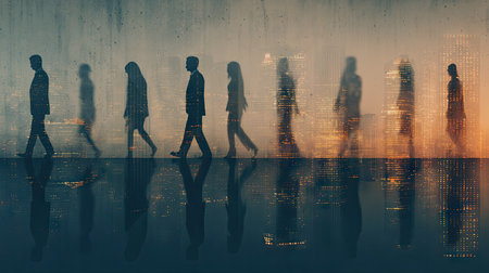 A group of silhouetted figures move forward against an abstract backdrop of changing colors and light. The composition features a sense of depth and movement. The muted color palette and soft lighting create a mysterious atmosphere. Suitable for conceptual illustrations, design projects, and visual storytelling.の素材