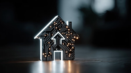 An artistic representation features a house-shaped circuit board glowing against a dark background. The image showcases an upward-pointing arrow within the house outline. Soft lighting highlights the details, suggesting a digital environment. It may be suitable for illustrating technology, innovation, and smart home concepts for various applications.の素材