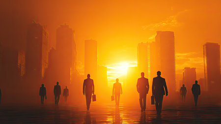 A group of silhouetted individuals in business attire are seen walking forward toward the bright setting sun. The image showcases a cityscape with tall buildings. Warm orange and yellow hues dominate the scene, suggesting a late afternoon or early evening setting. This image could be used for various commercial or editorial purposes.の素材