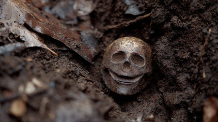 A close-up captures a small skull partially buried in dark soil, with visible details. The image presents a weathered texture with earthen tones. This composition could be used for conceptual illustrations about themes, possibly suitable for editorial articles or stock media.の素材