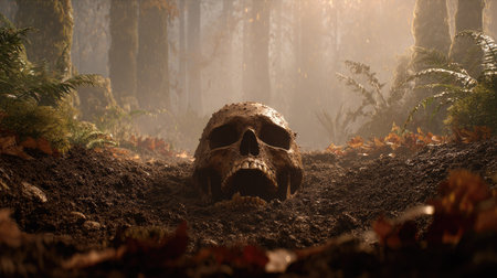 A skull emerges from the earth in a forest setting. The image features a shallow depth of field, with soft brown tones dominating the foreground. Sunlight filters through the trees creating a diffuse glow. This imagery could be utilized for various creative or editorial projects.の素材