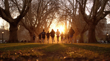A group of runners is silhouetted against a bright sunset. The image displays runners in motion on grass, beneath the bare branches of large trees. The scene is lit by warm sunlight. The image could be used for promoting fitness, health, or outdoor activities. The composition gives a sense of movement and freedom.の素材