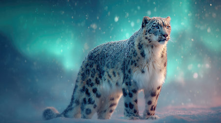 A snow leopard stands gracefully in a wintry environment. Its spotted fur contrasts with the snow, under the glow of the aurora borealis. The scene features a stylized aesthetic with soft lighting and cool color tones, suggesting a remote, natural setting. Suitable for various creative and illustrative applications.の素材