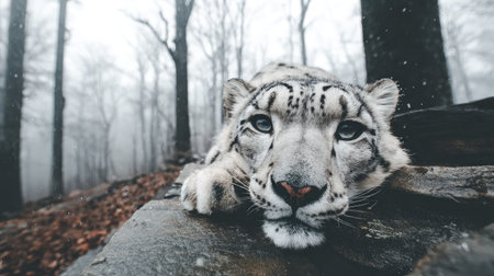 A snow leopard rests on a rock, its gaze directed forward. The animal's fur displays a pattern of spots against a white and gray backdrop. The surrounding environment consists of a dense forest with tall trees shrouded in mist, suggesting a cold and possibly remote natural setting. This image could be utilized in various commercial and editorial applications.の素材