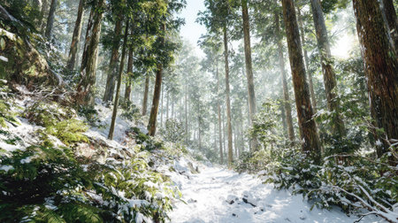 A forest scene is filled with tall trees covered with snow. Sunlight filters through the branches, creating a bright and airy atmosphere. The composition features a natural path leading into the distance. This image is suitable for various commercial uses, including illustrations and editorial content.の素材