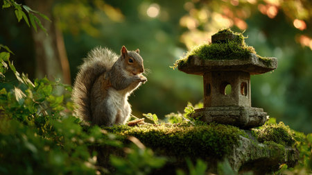 A squirrel sits near a stone lantern, set within a verdant garden environment. The image showcases soft sunlight, illuminating the animal and moss-covered structures. This natural composition can be suitable for use in various commercial applications, including editorial projects and illustrative designs.の素材
