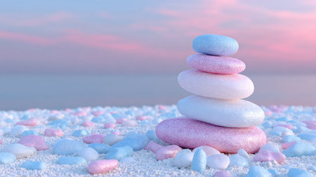 A stack of smooth, pastel-colored stones sits on a surface covered in smaller pebbles. The stones are arranged in a balanced composition, set against a blurred background of a soft, gradient sky. This image, with its focus on balance and harmony, could be suitable for wellness and relaxation themed projects, as well as editorial content.の素材