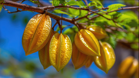 This image showcases a cluster of star fruits attached to a tree branch, their yellow skin glistening in the sunlight. The fruits exhibit a star-like shape, contrasting against the blurred natural environment. This photograph is ideal for visual content related to nature, food, and healthy living projects, including commercial and editorial uses.の素材