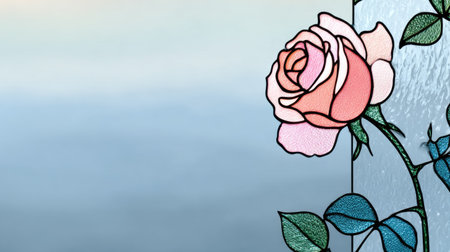 A vibrant stained glass artwork features a detailed rose with pink and white petals. The image displays a delicate artistic style with black outlines against a light blue backdrop. Suitable for various creative projects, this image may be used for editorial and commercial purposes.の素材