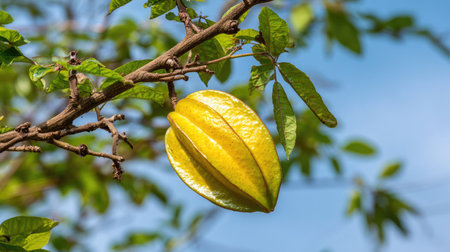 A single star fruit is suspended from a branch, showcased against a blurred background of leaves and a bright blue sky. The fruit displays a vibrant yellow color with prominent ridges. The composition includes natural light and suggests an outdoor environment suitable for various commercial or editorial applications.の素材