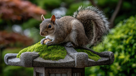 A squirrel is captured outdoors, perched atop a stone structure covered in vibrant green moss. The image displays natural lighting and a blurred background featuring lush green foliage. This photograph could be used for various commercial or editorial purposes highlighting nature and wildlife.の素材