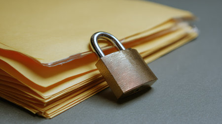 This image features a stack of yellow files secured by a closed metal padlock. The composition highlights the textured paper and shiny metal against a neutral background, evoking a sense of security and confidentiality. Suitable for illustrating themes of data protection, privacy, and secure information management in various commercial projects.の素材