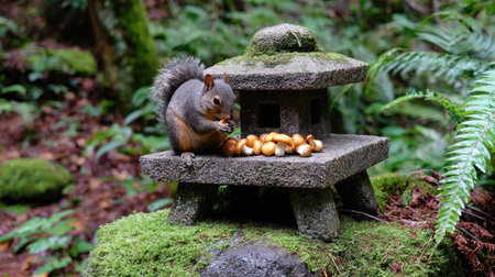 A squirrel is observed eating nuts on a stone structure, likely a bird feeder or decorative element. The image showcases natural textures with moss, foliage and daylight suggesting an outdoor setting. The composition uses a shallow depth of field, with soft focus on the background. This image could be used for ecological or natural science projects.の素材