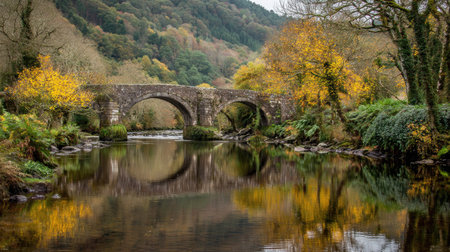 An old stone bridge spans a still river, reflecting the vibrant colors of autumn foliage. The scene is bathed in soft daylight, with trees lining the water's edge and a forested hillside in the background. This image could be used for various purposes including editorial and commercial projects.の素材