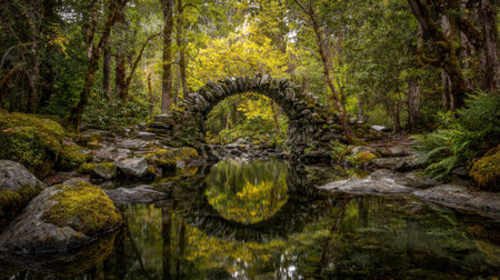 An old stone bridge gracefully spans a tranquil body of water, reflecting the surrounding forest. The scene is dominated by shades of green, with touches of yellow and brown. The composition suggests a serene outdoor environment with potential uses in travel, nature, or environmental themes, suitable for various editorial and commercial applications.の素材
