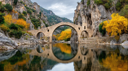 A historic stone arch bridge spans a serene river, reflecting surrounding natural elements. The composition showcases vibrant autumn foliage in shades of yellow and orange, contrasted by rugged mountains. The scene is bathed in soft daylight, suggesting a peaceful, natural environment suitable for various commercial or editorial applications.の素材