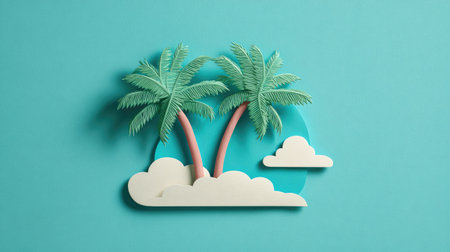 This image features two stylized palm trees with green fronds and brown trunks. They are set against a turquoise background with white cloud elements. The illustration uses a flat, minimalist design with soft lighting. This versatile graphic can be applied in various commercial contexts for vacation or leisure content.の素材