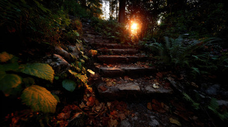 Stone steps lead upwards into a sunlit opening within a dense forest. The image showcases a natural outdoor setting, with varying shades of green foliage and a warm glow from the sun. Suitable for concepts of exploration, nature, and tranquility, it could be used in editorial or commercial projects.の素材