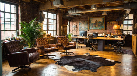 An inviting office interior features leather armchairs, a rug, and large windows. The scene presents a well-lit space with wooden flooring and exposed brick. Elements like a large plant and artwork enhance the visual appeal. Suitable for illustrating workspace design or interior design themes, the image conveys a sense of comfort and productivity.の素材