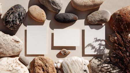 An overhead view displays smooth stones surrounding three blank cards on a light brown surface. The natural composition includes a mix of stone colors and textures, complemented by shadows and dried foliage. Ideal for creating visual content, the image suits editorial projects and commercial layouts.の素材