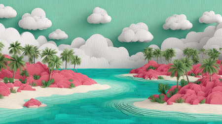 A whimsical illustration depicts a stylized tropical island. Azure waters flow between sandy shores and vibrant pink landmasses adorned with lush green palm trees. Fluffy white clouds float against a pastel green sky. This artwork could be suitable for various commercial uses, including advertising and decorative designs.の素材