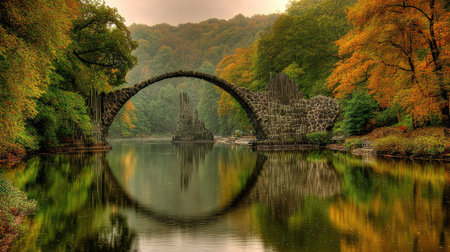 An arched stone bridge spans a calm body of water, reflecting its form and the surrounding landscape. The scene features vibrant autumn foliage in shades of yellow and green, framed by a soft, warm light. This picturesque vista evokes tranquility and could be used for various editorial or commercial projects.の素材