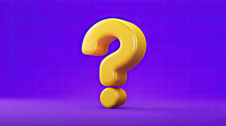 A bright yellow question mark is prominently displayed against a deep purple background. The image presents a clean, three-dimensional graphic with smooth textures and simple lighting. It suggests a modern, digital aesthetic, suitable for various design projects, web content, or advertising materials. It can also be used for educational purposes.の素材