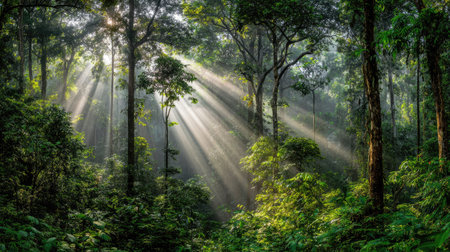 Sunlight filters through dense trees in this forest scene, illuminating the vibrant green foliage. The overhead perspective showcases the dappled lighting and textured surfaces. The natural environment is suggested. The image may be used for various purposes including environmental awareness.の素材