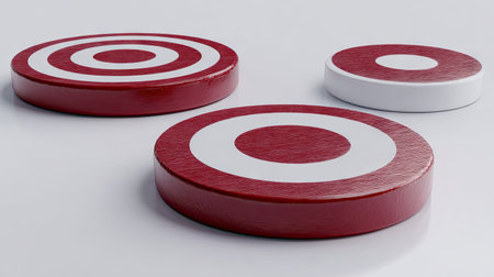 Three circular targets are displayed against a plain background. The targets are red with concentric white circles, exhibiting a smooth, textured appearance. The composition emphasizes the objects' shapes and forms, with a shallow depth of field. Suitable for illustrative or conceptual applications.の素材