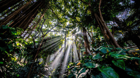 Sunlight filters through a dense canopy of trees in this natural setting. The image showcases vibrant green foliage and thick branches bathed in bright rays of light. The composition features a low-angle perspective, emphasizing the height of the trees. It could be used for various projects.の素材