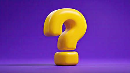 A prominent yellow question mark is depicted in a three-dimensional style, set against a solid purple background. The image showcases a smooth, glossy texture and a clean, minimalist design. This digitally rendered artwork could be suitable for visual communication, educational materials, or other creative projects. The design provides ample copy space.の素材