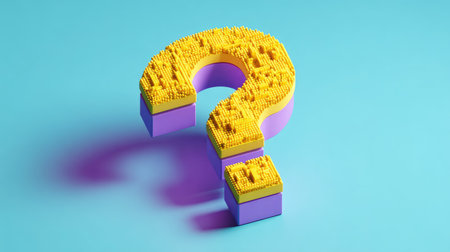 A three-dimensional question mark, rendered with a textured yellow surface and purple sides, floats against a light blue backdrop. The composition features sharp shadows, suggesting directional lighting, and a modern aesthetic. Suitable for various design projects and could be used for conceptual or illustrative purposes.の素材
