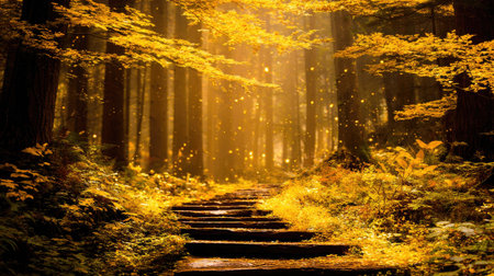 A forest path winds through tall trees with vibrant golden leaves. The composition features steps leading into the scene, illuminated by bright sunlight filtering through the canopy. The image presents a warm color palette, potentially suitable for editorial content or commercial applications related to nature and landscapes.の素材